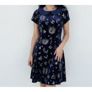 ModCloth x Collectif Silver Zodiac Print Blue Velvet Skater Dress X-Large